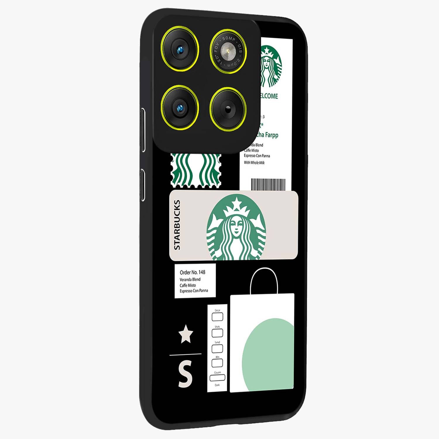 Starbucks Mocha Glass Case upright view showcasing trendy coffee inspired artwork with modern lifestyle theme.