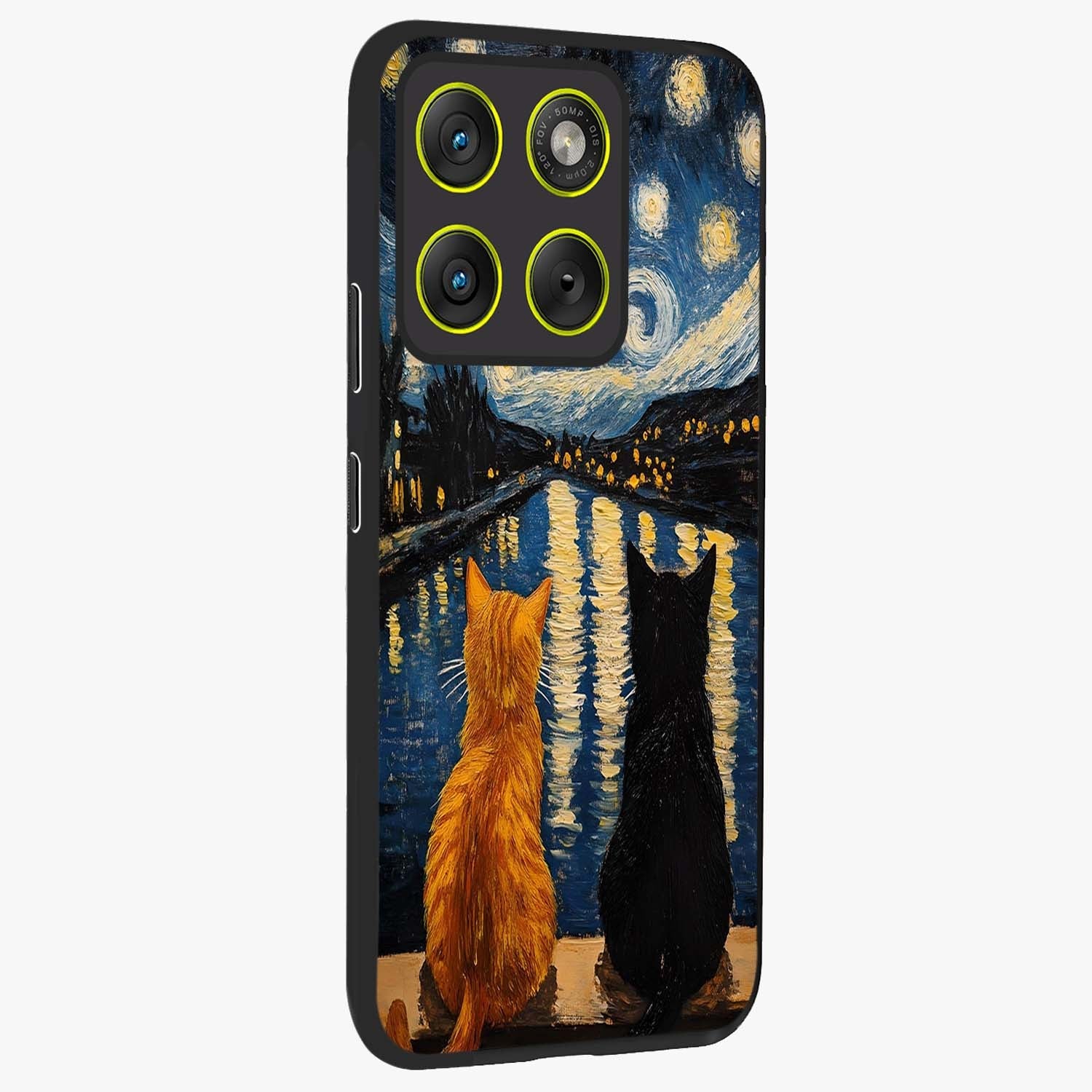 Starry River Cats Glass Case upright view showcasing adorable cat artwork with magical river and stars theme.