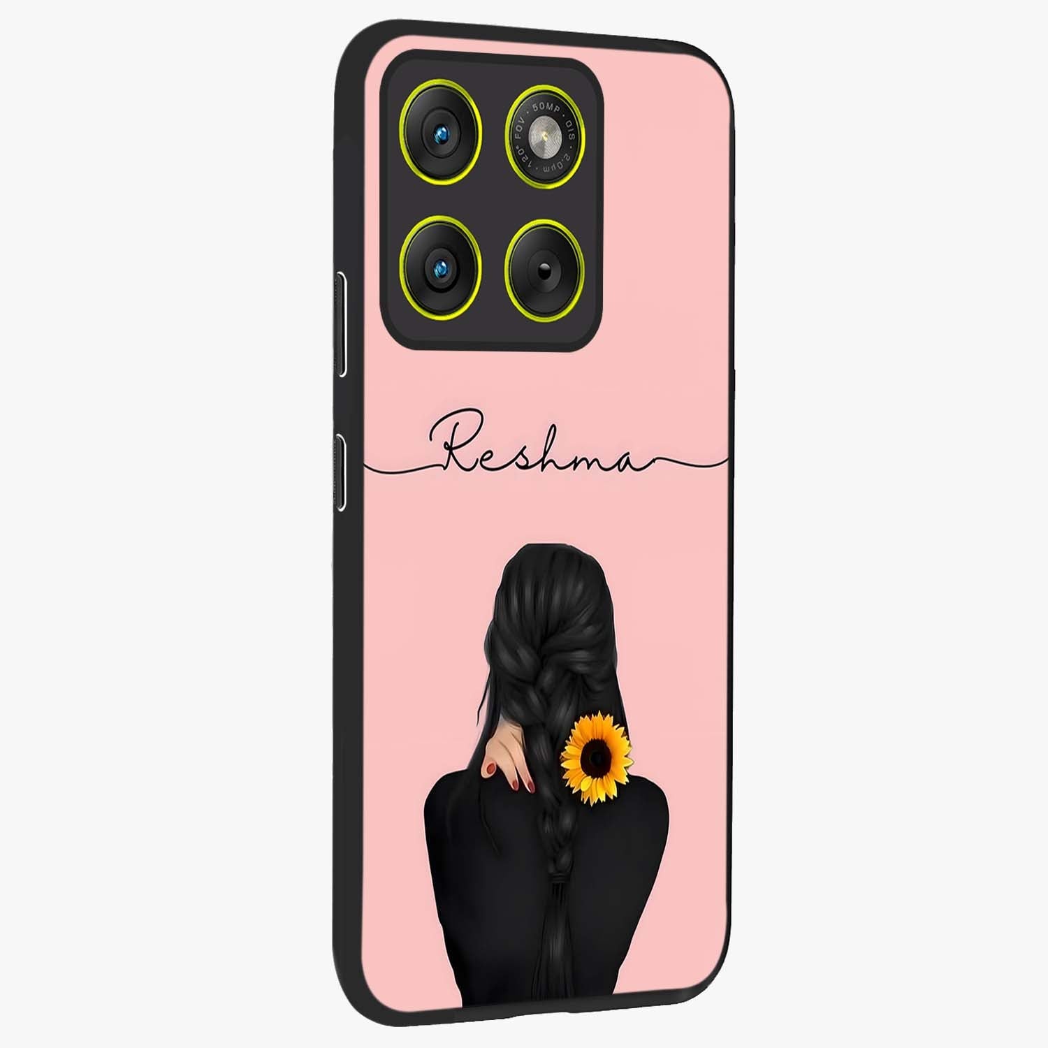 Sunflower Braid Beauty With Custom Name Glass Case upright view showcasing bright sunflower artwork with personalized floral aesthetic.