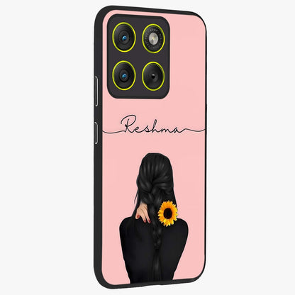 Sunflower Braid Beauty With Custom Name Glass Case upright view showcasing bright sunflower artwork with personalized floral aesthetic.