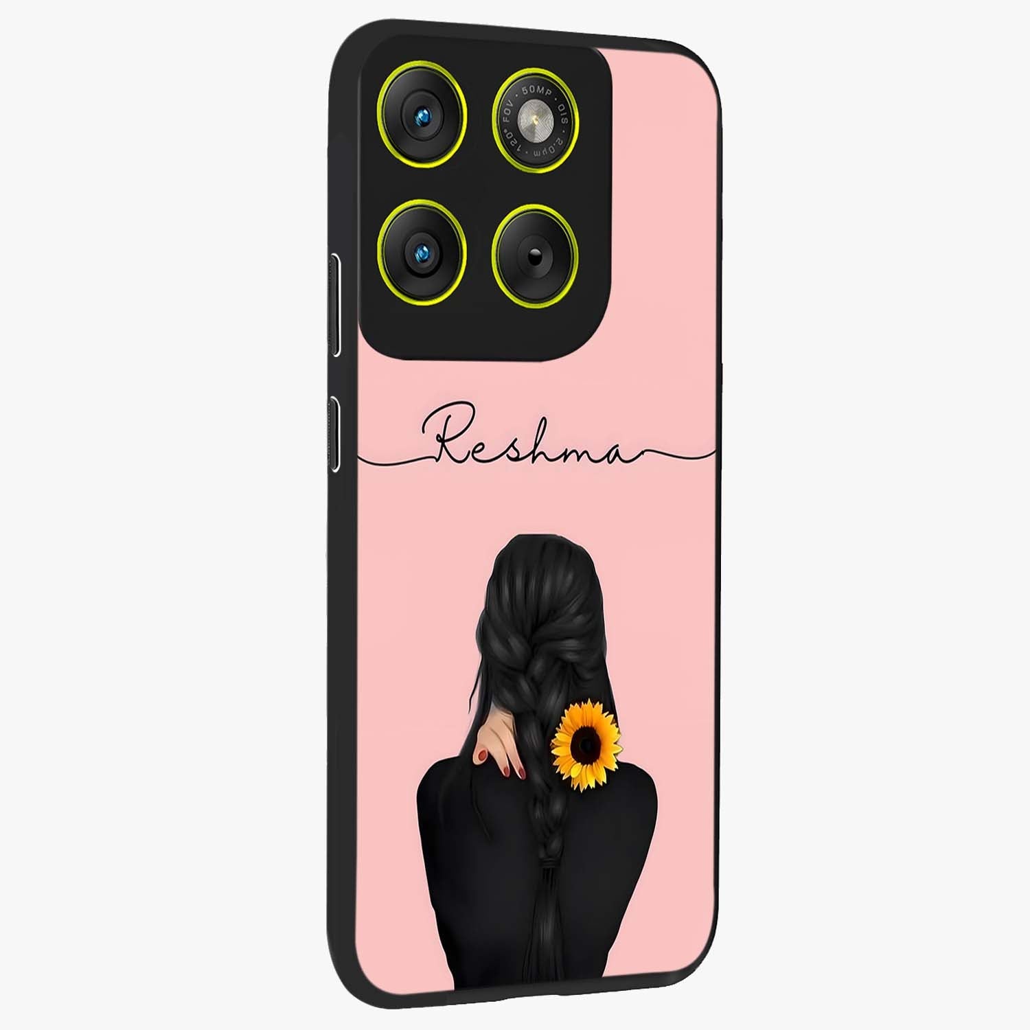 Sunflower Braid Beauty With Custom Name Glass Case upright view showcasing bright sunflower artwork with personalized floral aesthetic.