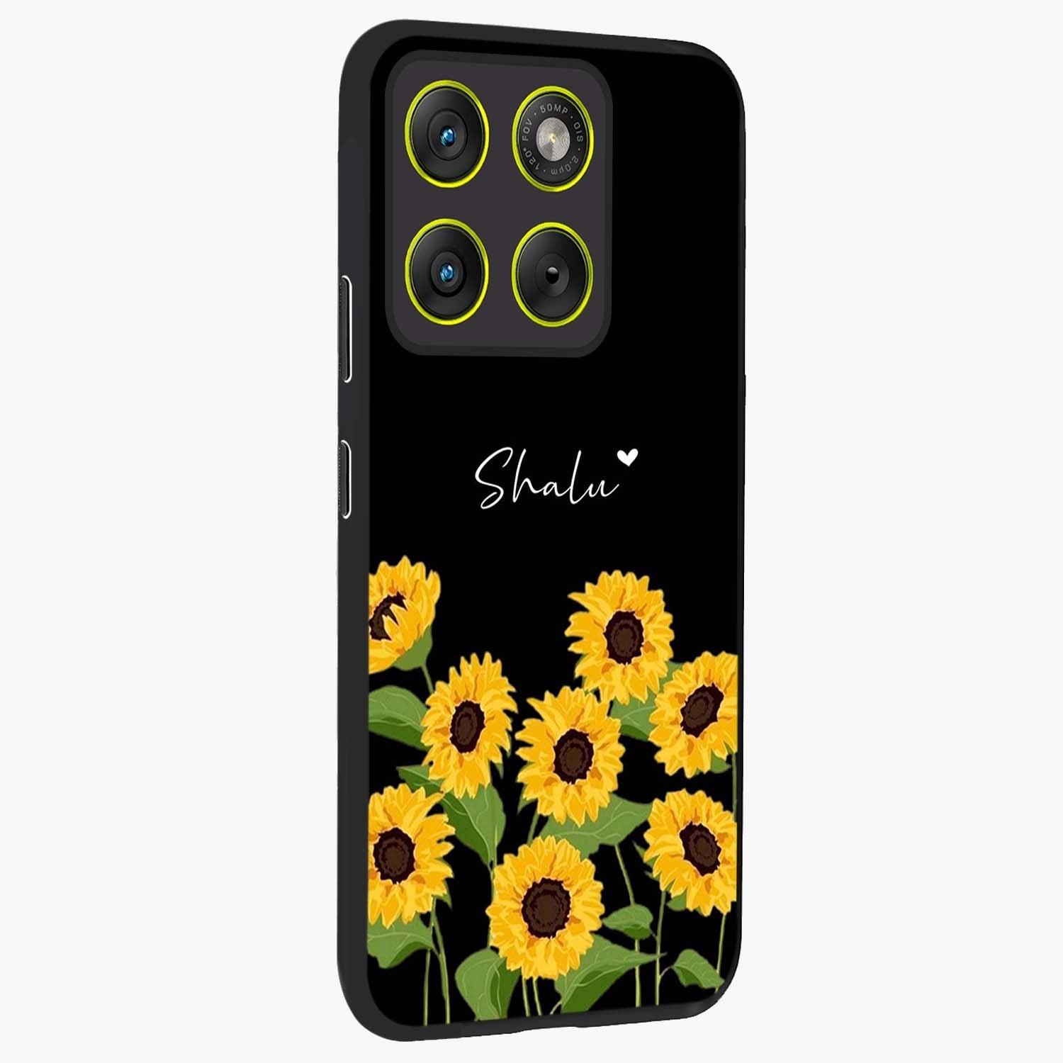 Sunflower Chic Mood Custom Name Glass Case upright view showcasing cheerful sunflower artwork with trendy floral theme.