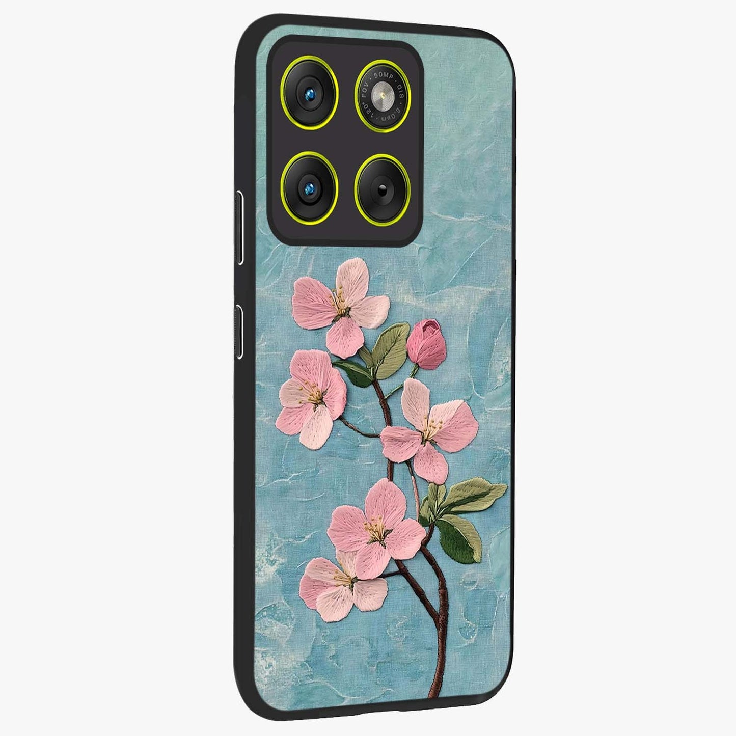 Threaded Blossom Breeze Glass Case upright view showcasing graceful flower artwork with calm botanical theme.