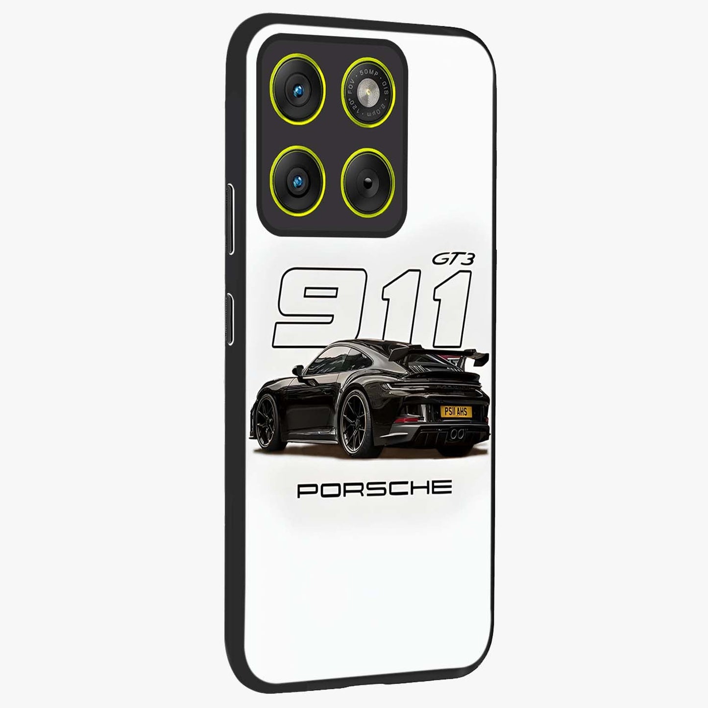 Turbo Legacy Icon Glass Case upright view showcasing bold racing inspired artwork with classic car theme.