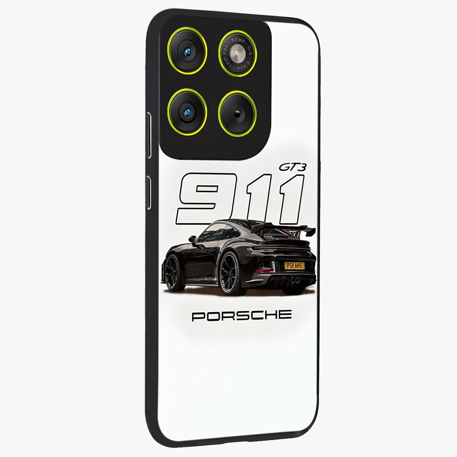 Turbo Legacy Icon Glass Case upright view showcasing bold racing inspired artwork with classic car theme.