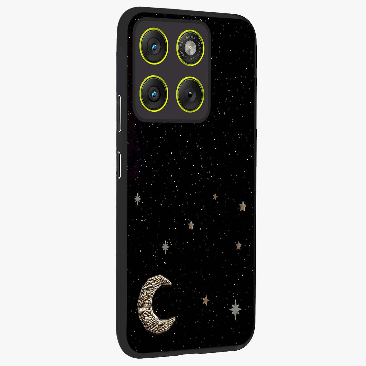 Twinkle Star With Half Moon Glass Case upright view showcasing glowing cosmic artwork with dreamy night theme.