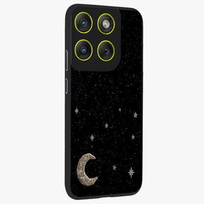 Twinkle Star With Half Moon Glass Case upright view showcasing glowing cosmic artwork with dreamy night theme.