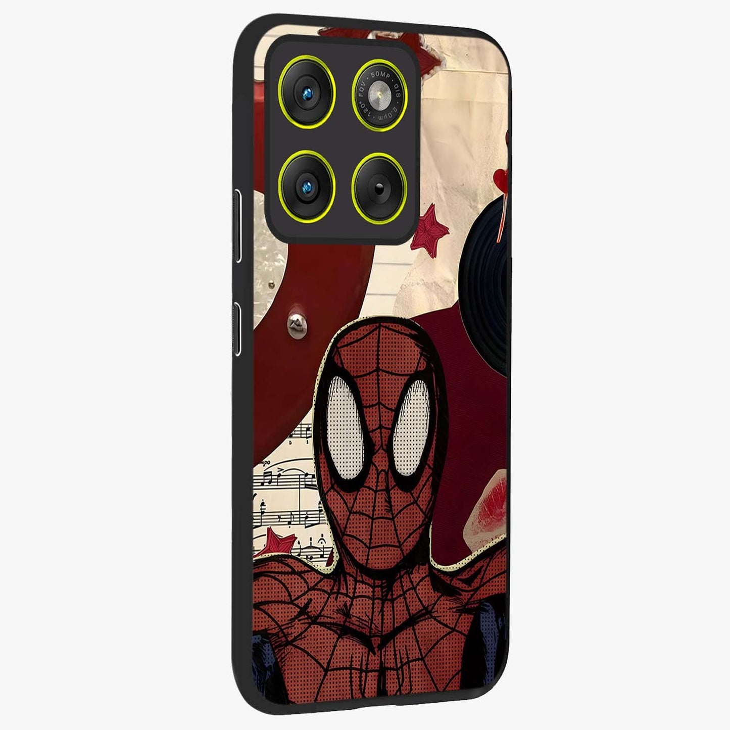 Web Warrior Vibes Glass Case upright view showcasing energetic superhero artwork with bold action theme.