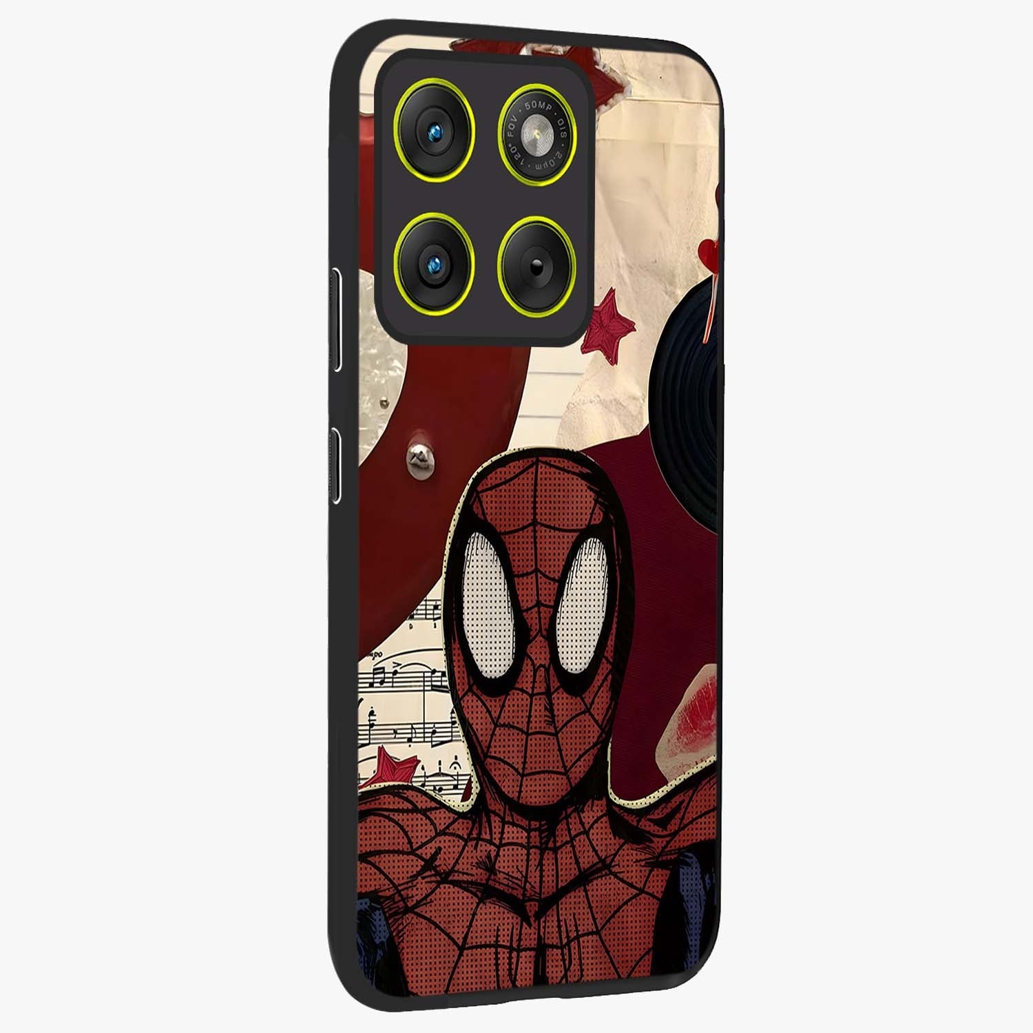 Web Warrior Vibes Glass Case upright view showcasing energetic superhero artwork with bold action theme.