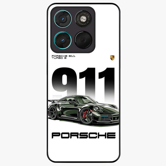 911 Turbo Dominance Glass Case showing clean flat back view with bold 911 sports car artwork and glossy glass finish.