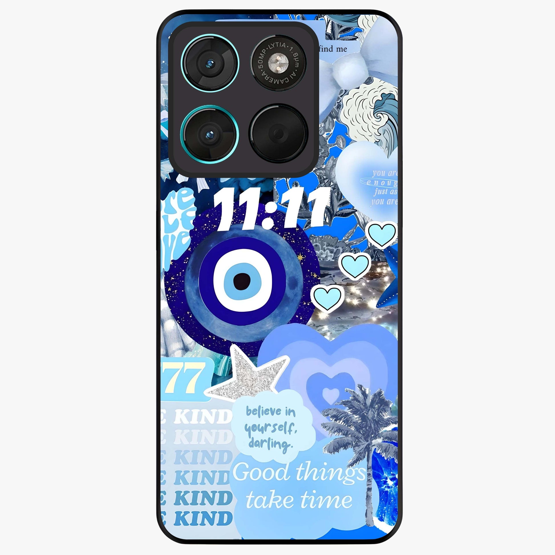 Aesthetic Be Kind Eye Glass Case showing flat back view with motivational eye artwork and glossy glass finish.