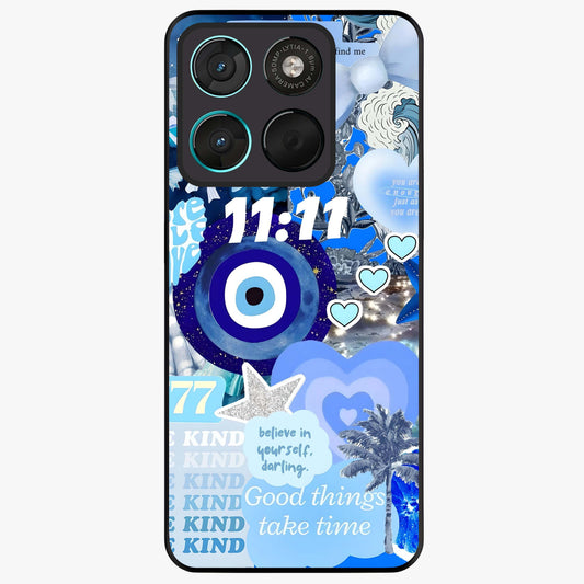 Aesthetic Be Kind Eye Glass Case showing flat back view with motivational eye artwork and glossy glass finish.