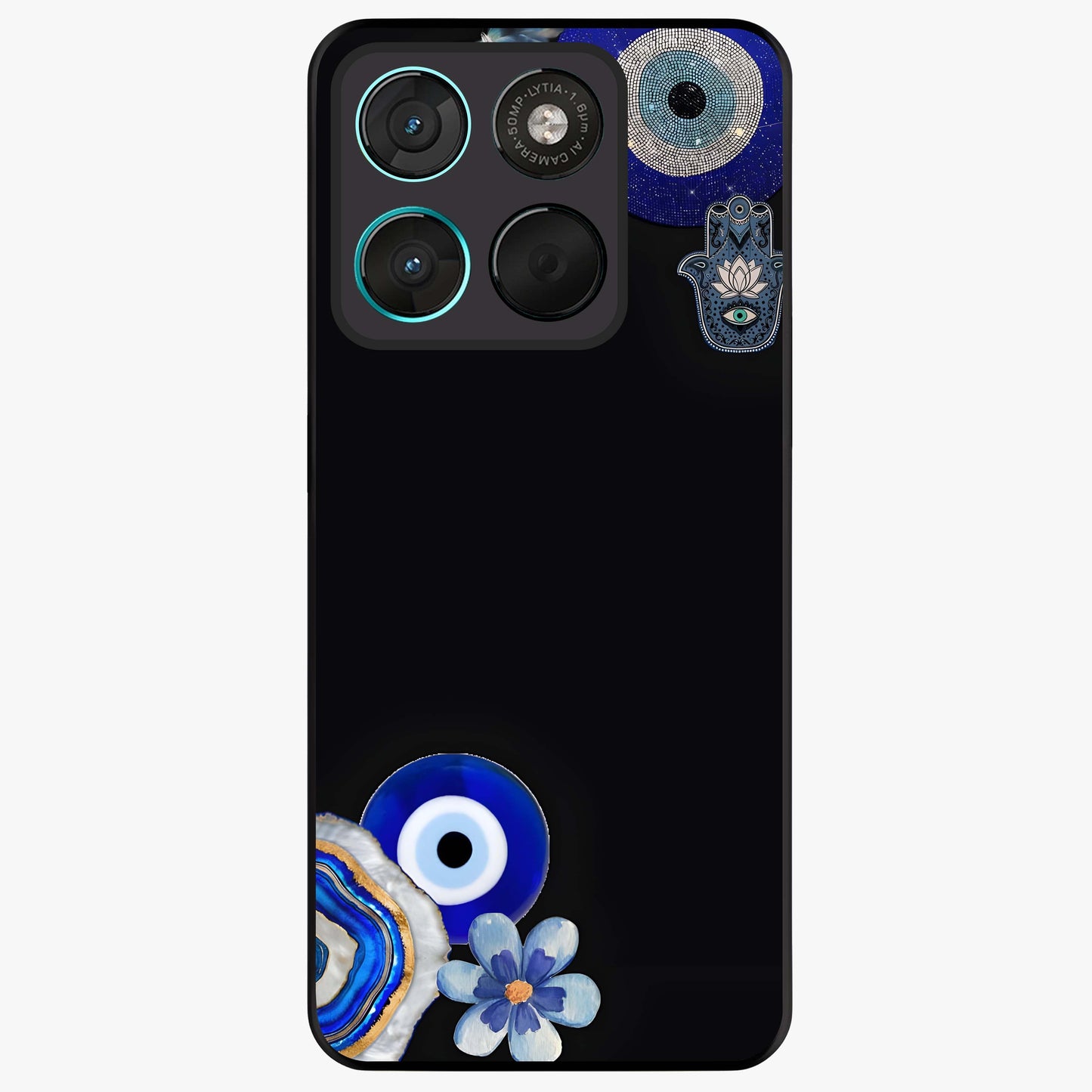 Aesthetic Blue Evil Eye Glass Case showing flat back view with protective evil eye artwork and glossy glass finish.
