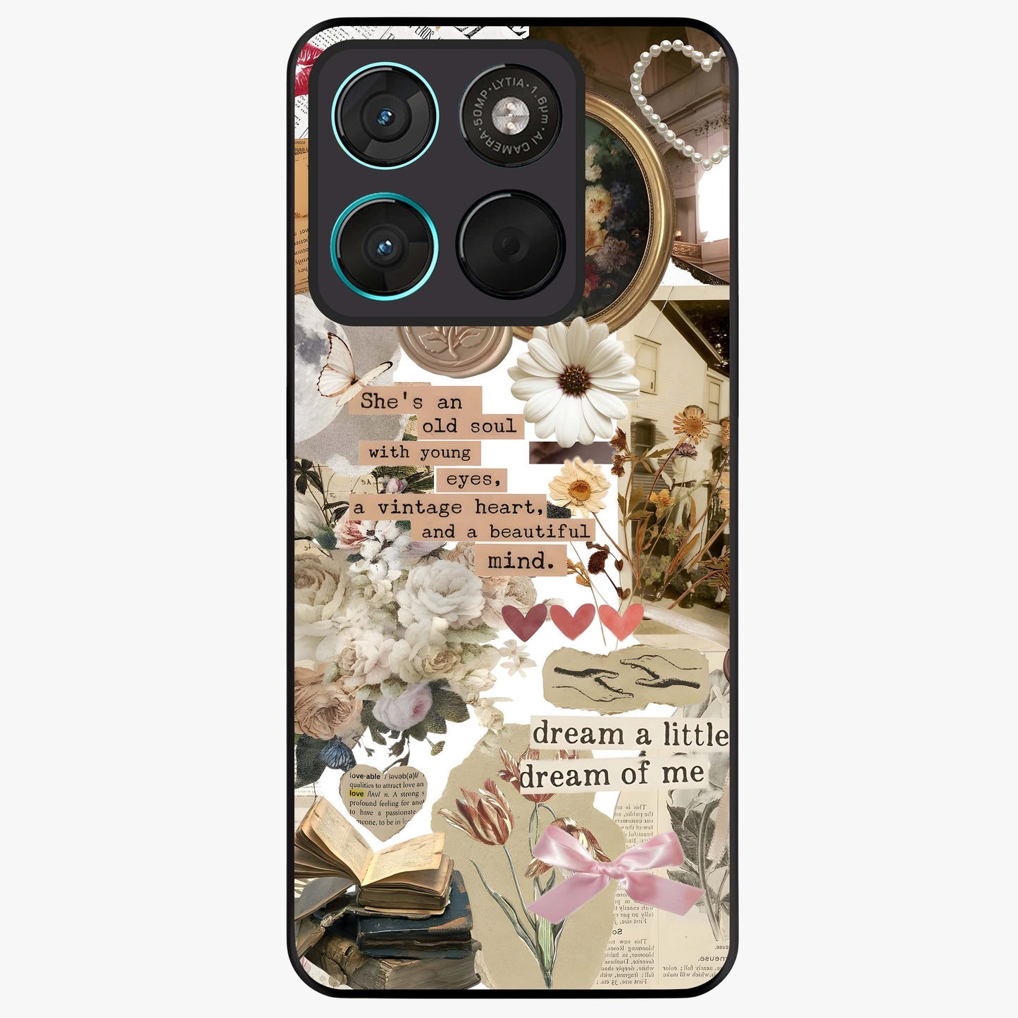 Aesthetic Brown Vintage Collage Glass Case showing flat back view with retro collage artwork and glossy glass finish.