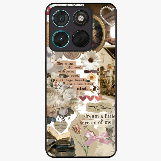 Aesthetic Brown Vintage Collage Glass Case showing flat back view with retro collage artwork and glossy glass finish.