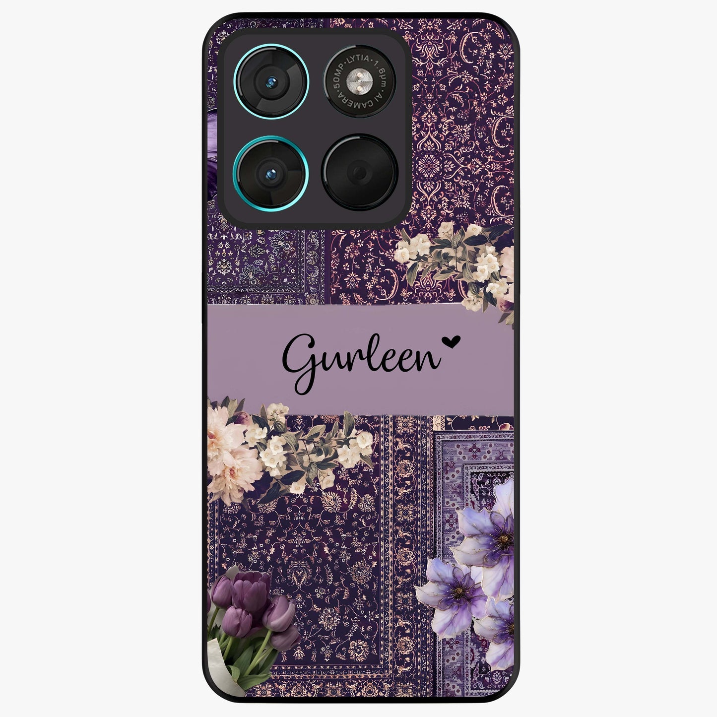 Antique Floral Whisper Custom Name Glass Case showing flat back view with vintage floral artwork and personalized name design.