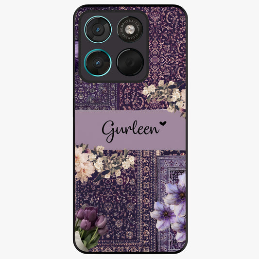 Antique Floral Whisper Custom Name Glass Case showing flat back view with vintage floral artwork and personalized name design.