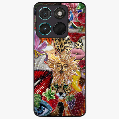 Beaded Fashion Jungle Glass Case showing flat back view with vibrant jungle inspired bead artwork and glossy glass finish.
