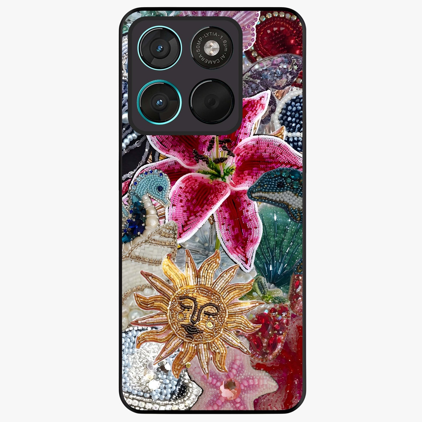 Beaded Garden Fantasy Glass Case showing flat back view with dreamy garden bead artwork and glossy glass finish.