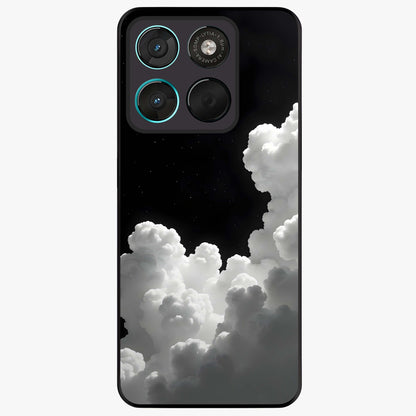 Black Background With White Cloud Glass Case showing flat back view with minimal cloud artwork on dark background and glossy glass finish.