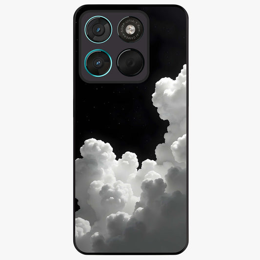 Black Background With White Cloud Glass Case showing flat back view with minimal cloud artwork on dark background and glossy glass finish.