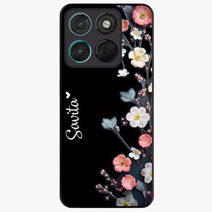 Black Elegance Floral Custom Name Glass Case showing flat back view with elegant floral artwork and personalized name design.