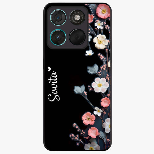 Black Elegance Floral Custom Name Glass Case showing flat back view with elegant floral artwork and personalized name design.