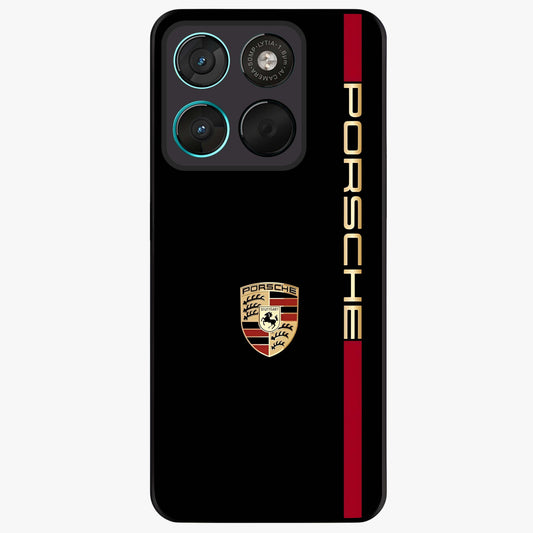 Black Minimal Porsche Glass Case showing flat back view with sleek minimal sports car artwork and glossy glass finish.