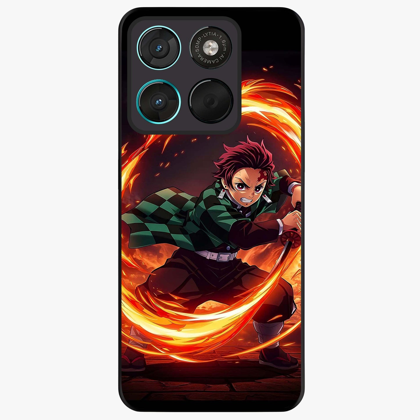 Blazing Sword Resolve Glass Case showing flat back view with fiery sword artwork and glossy glass finish.