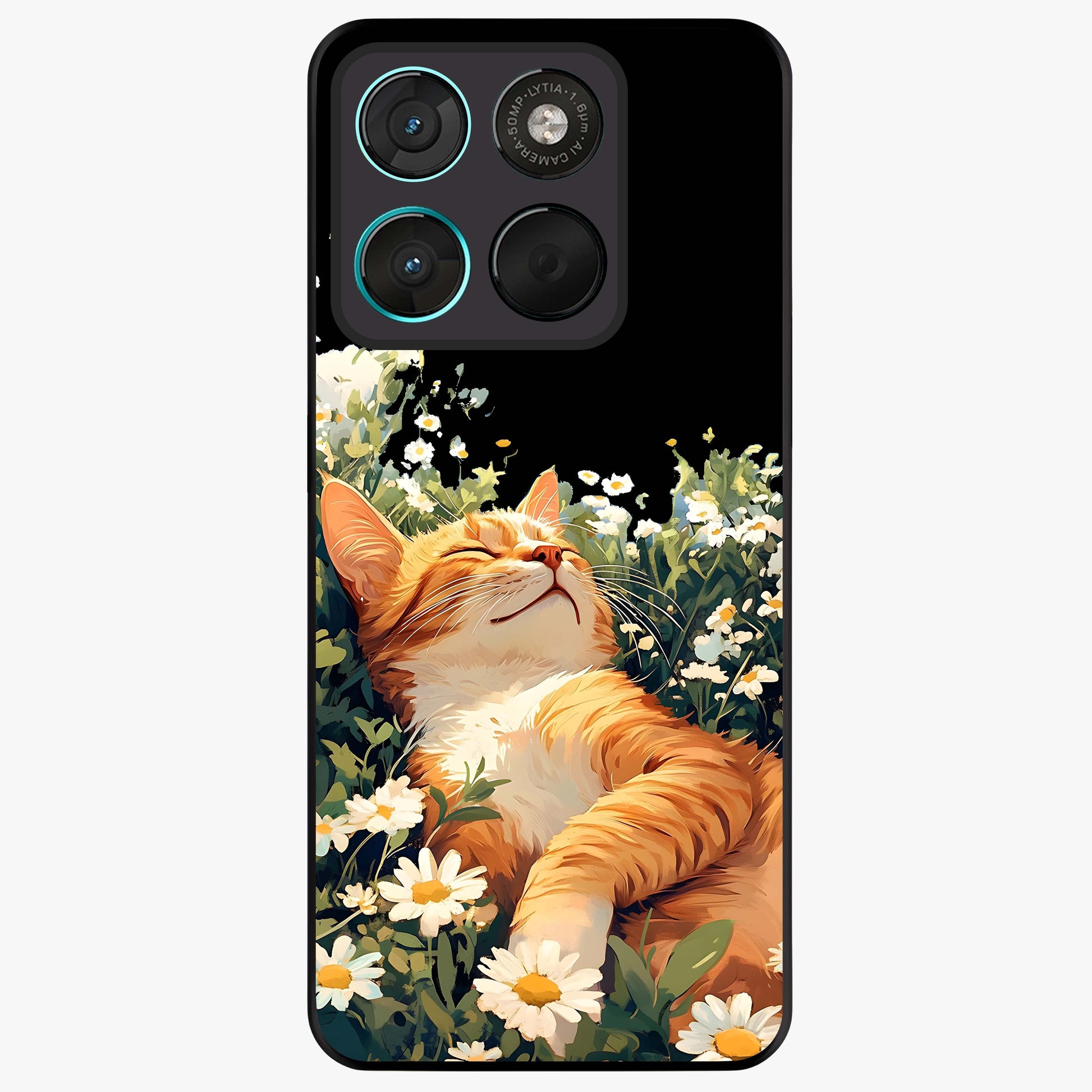 Blissful Bloom Cat Glass Case showing flat back view with cute cat and floral bloom artwork and glossy glass finish.