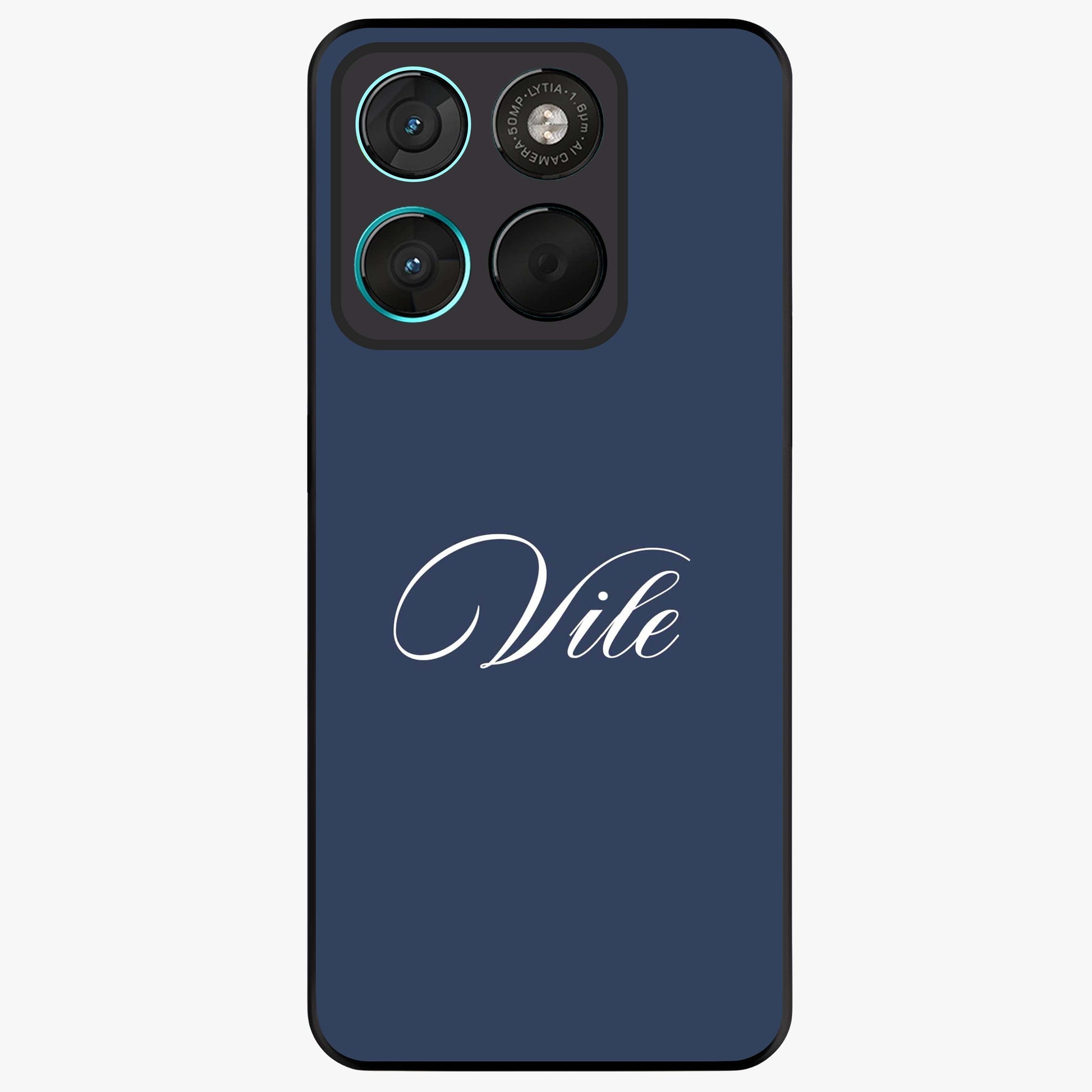 Blue Background Personalized Custom Name Glass Case showing flat back view with minimal blue background and custom name design.