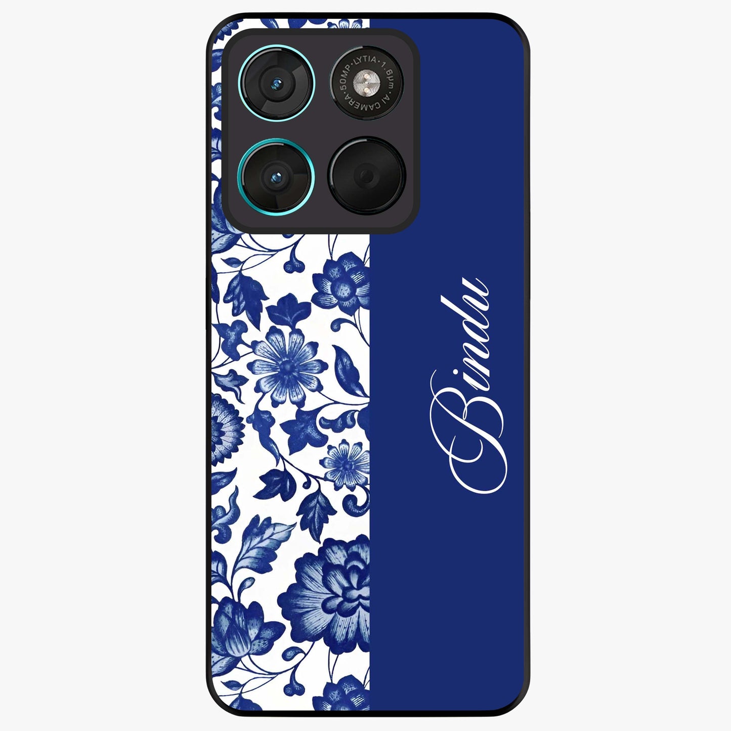 Blue Vintage Floral Pattern Glass Case upright view showcasing timeless floral illustration with vintage inspired style.