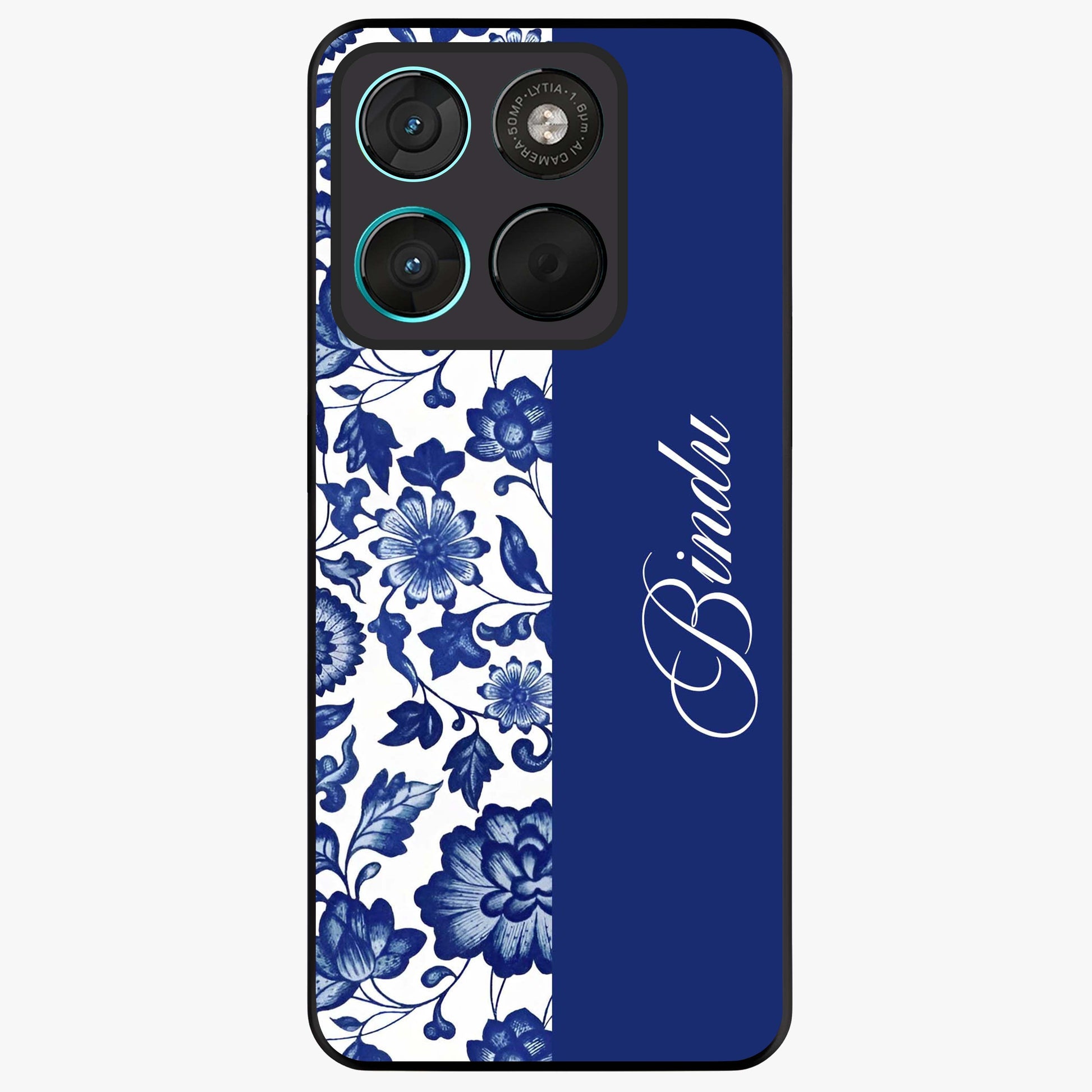 Blue Vintage Floral Pattern Glass Case upright view showcasing timeless floral illustration with vintage inspired style.