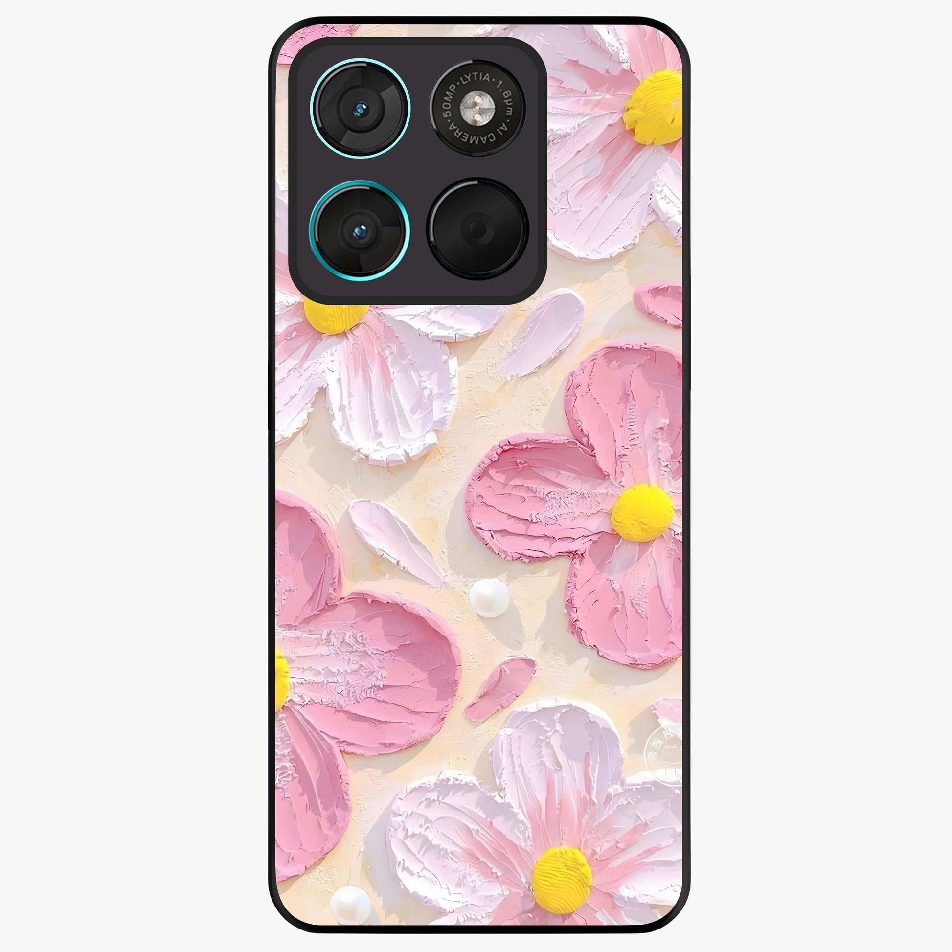 Blush Bloom Texture Glass Case showing flat back view with soft blush floral texture artwork and glossy glass finish.