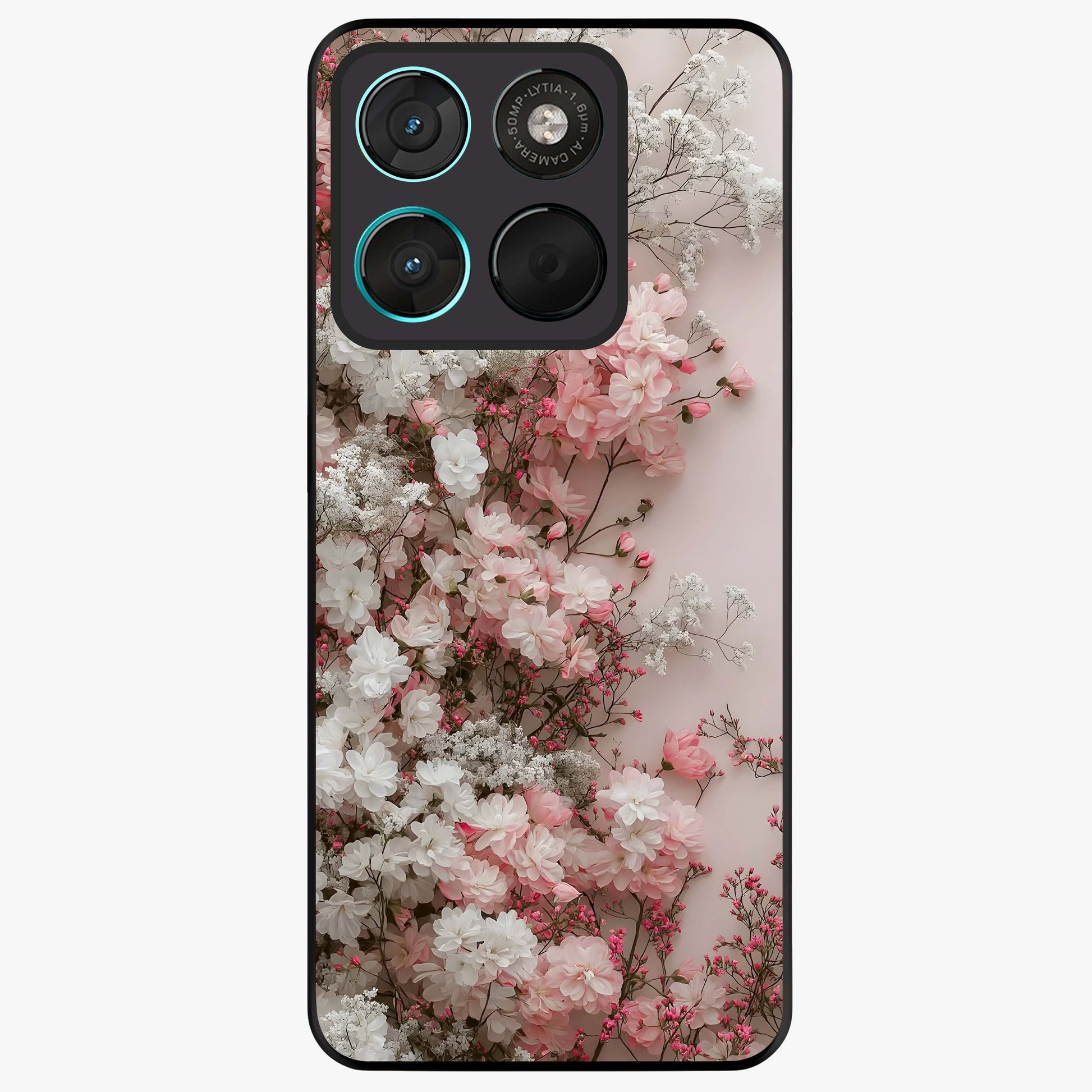 Blush Blossom Cloud Glass Case showing flat back view with dreamy blush cloud blossom artwork and glossy glass finish.