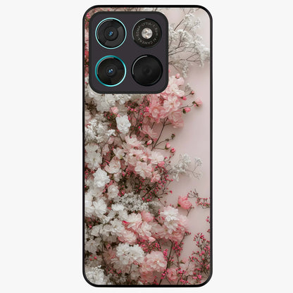 Blush Blossom Cloud Glass Case showing flat back view with dreamy blush cloud blossom artwork and glossy glass finish.