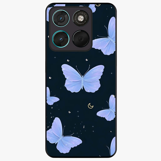 Butterfly With Stars Pattern Glass Case showing flat back view with butterfly and star pattern artwork and glossy glass finish.