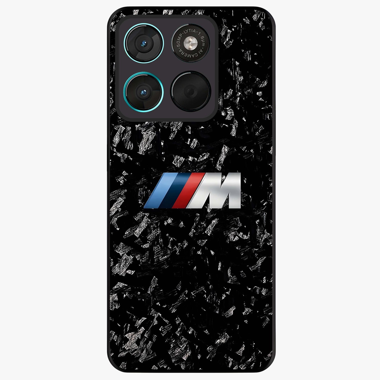 Carbon Speed Mark Glass Case showing flat back view with sporty carbon pattern artwork and glossy glass finish.
