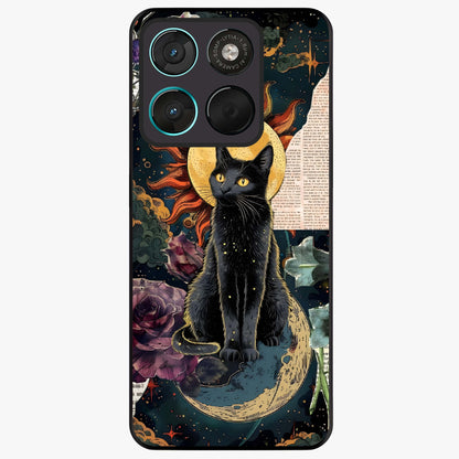 Celestial Black Cat Glass Case showing flat back view with mystical black cat artwork and glossy glass finish.