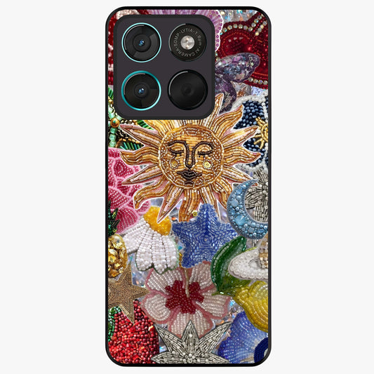 Celestial Floral and Playful Glass Case showing flat back view with floral and celestial themed artwork and glossy glass finish.