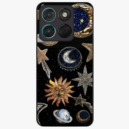Celestial Gem Constellations Glass Case showing flat back view with sparkling constellation artwork and glossy glass finish.