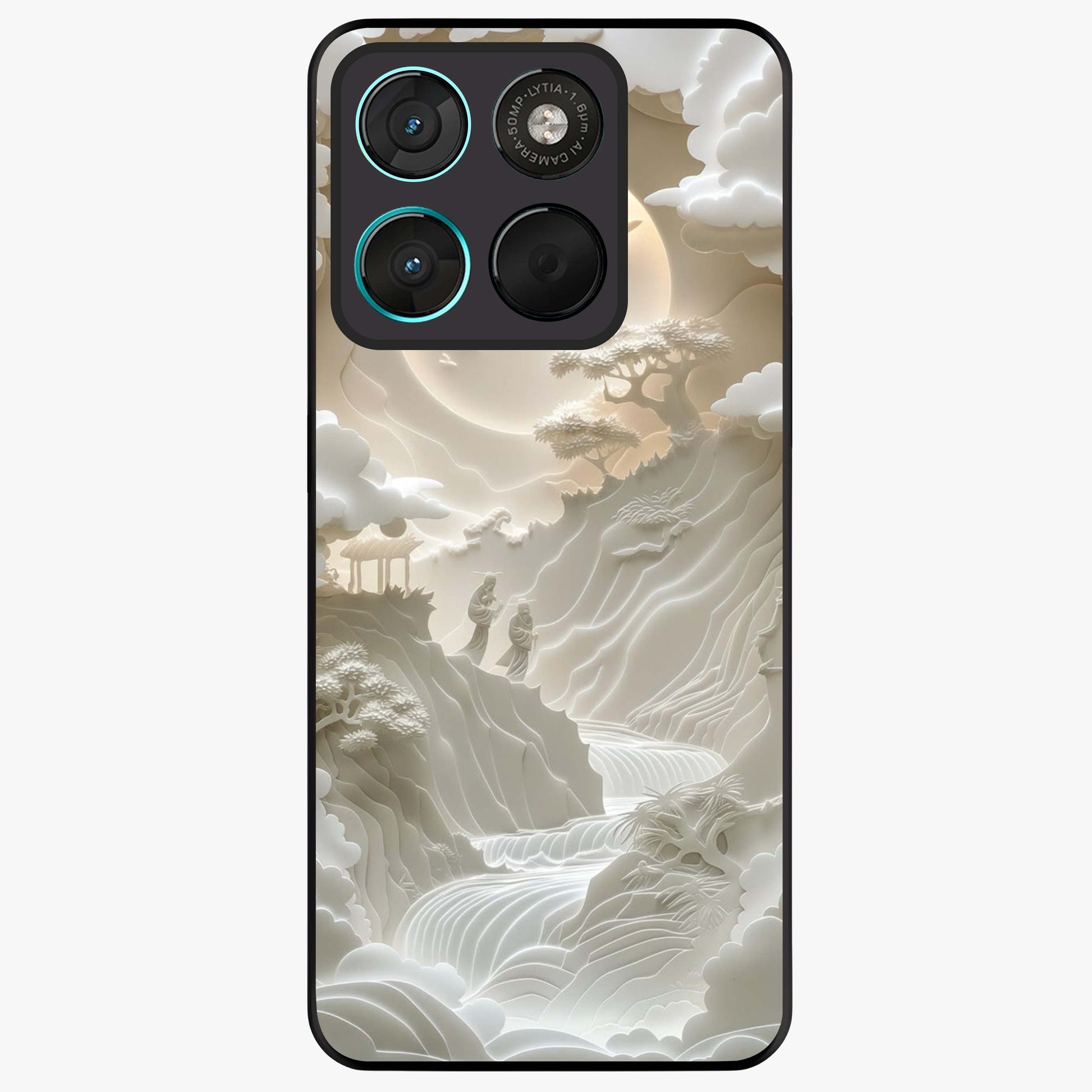 Celestial Origami Glass Case showing flat back view with artistic origami inspired celestial artwork and glossy glass finish.