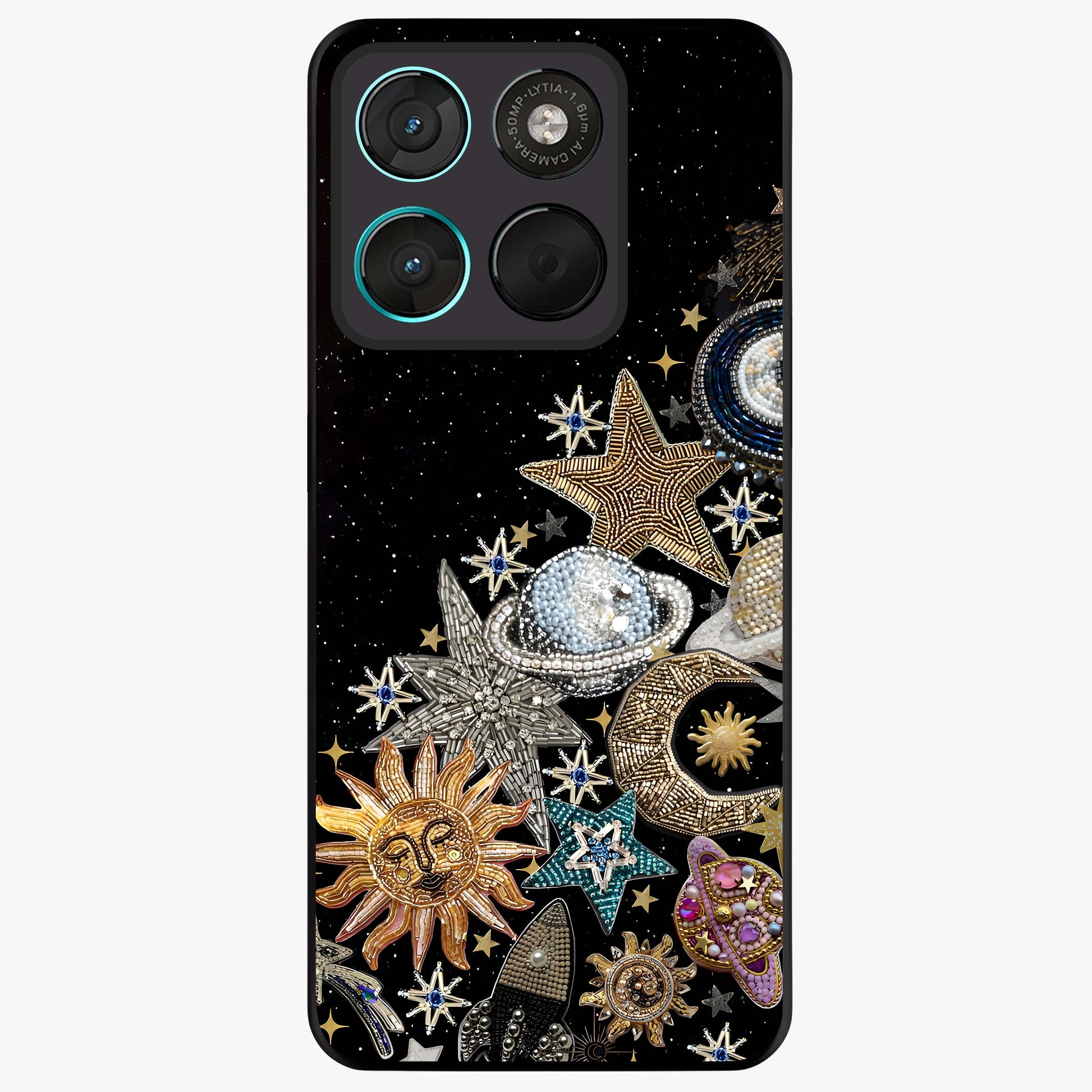 Cosmic Sparkle Dreams Glass Case showing flat back view with sparkling cosmic artwork and glossy glass finish.