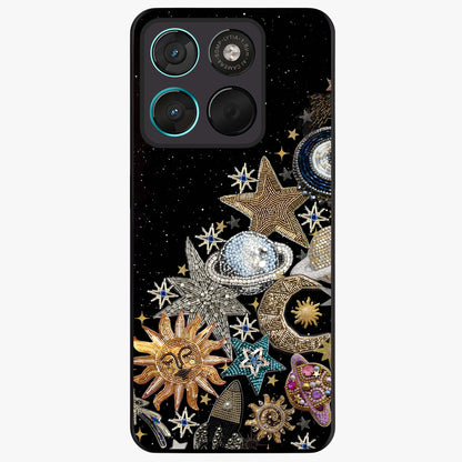Cosmic Sparkle Dreams Glass Case showing flat back view with sparkling cosmic artwork and glossy glass finish.