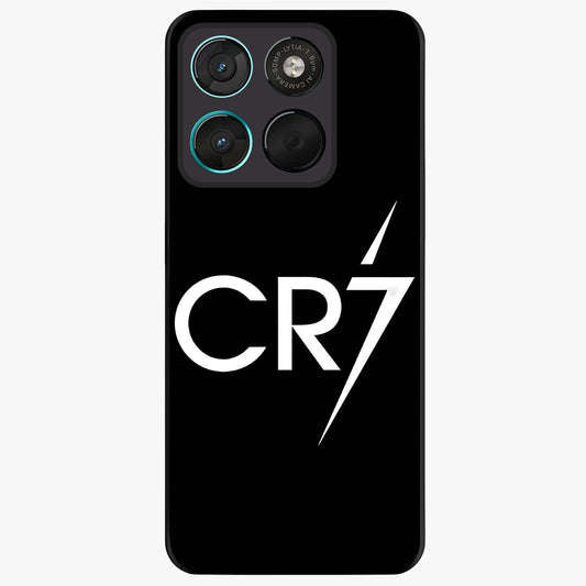 Cr7 Elite Strike Glass Case showing flat back view with dynamic football inspired artwork and glossy glass finish.