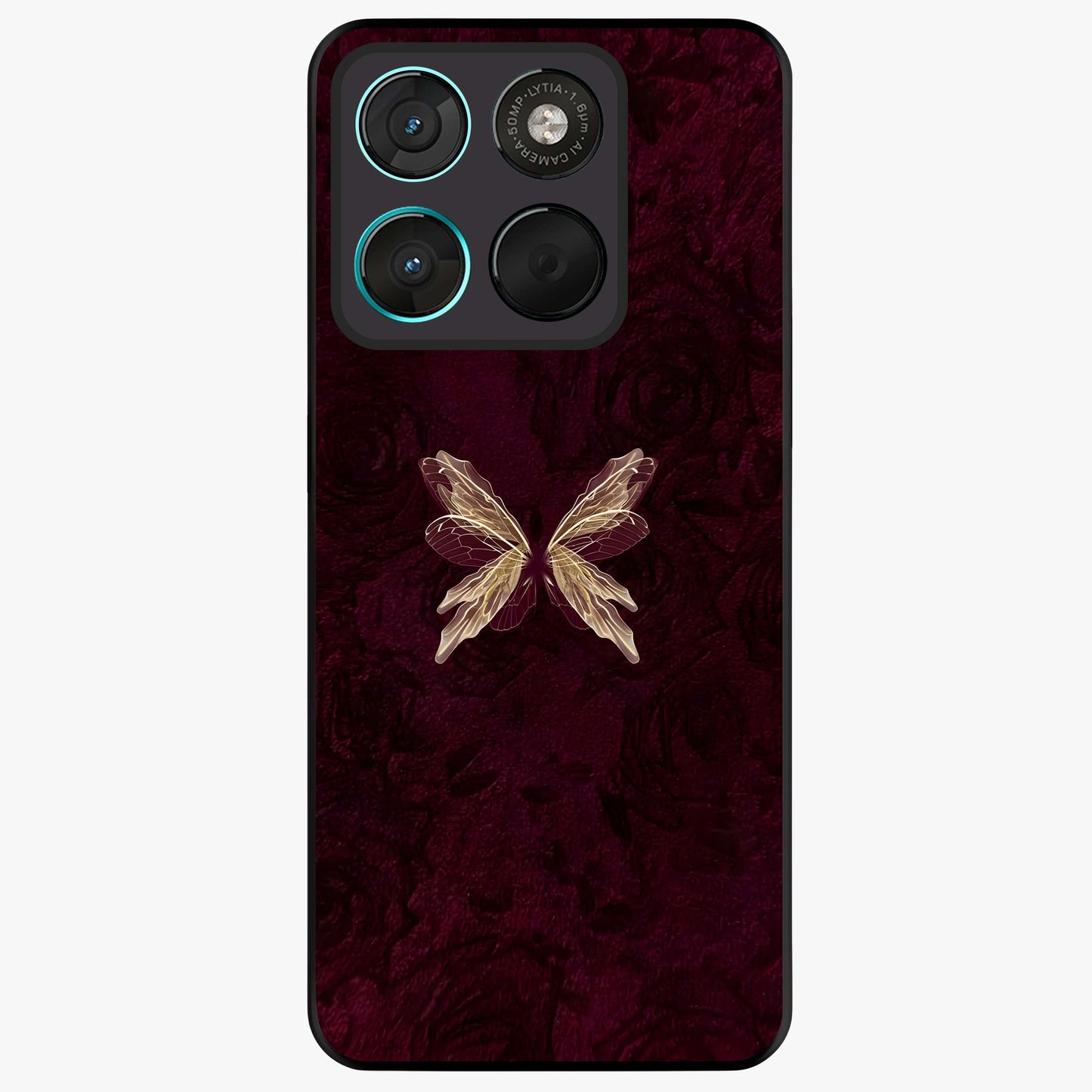 Crimson Fade Butterfly Glass Case showing flat back view with fading butterfly artwork and glossy glass finish.