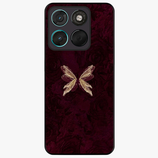 Crimson Fade Butterfly Glass Case showing flat back view with fading butterfly artwork and glossy glass finish.