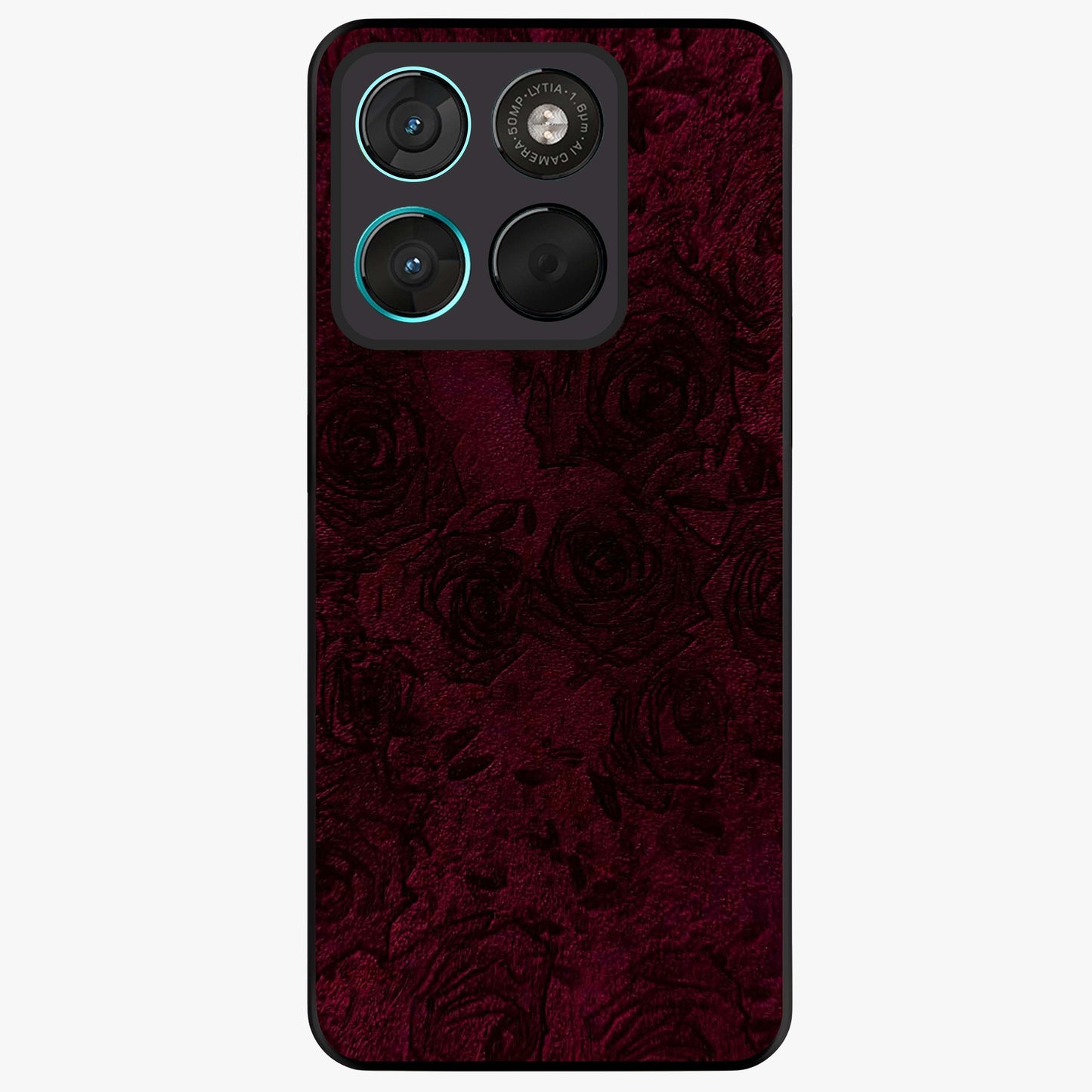 Crimson Fade Flow Glass Case showing flat back view with flowing crimson gradient artwork and glossy glass finish.