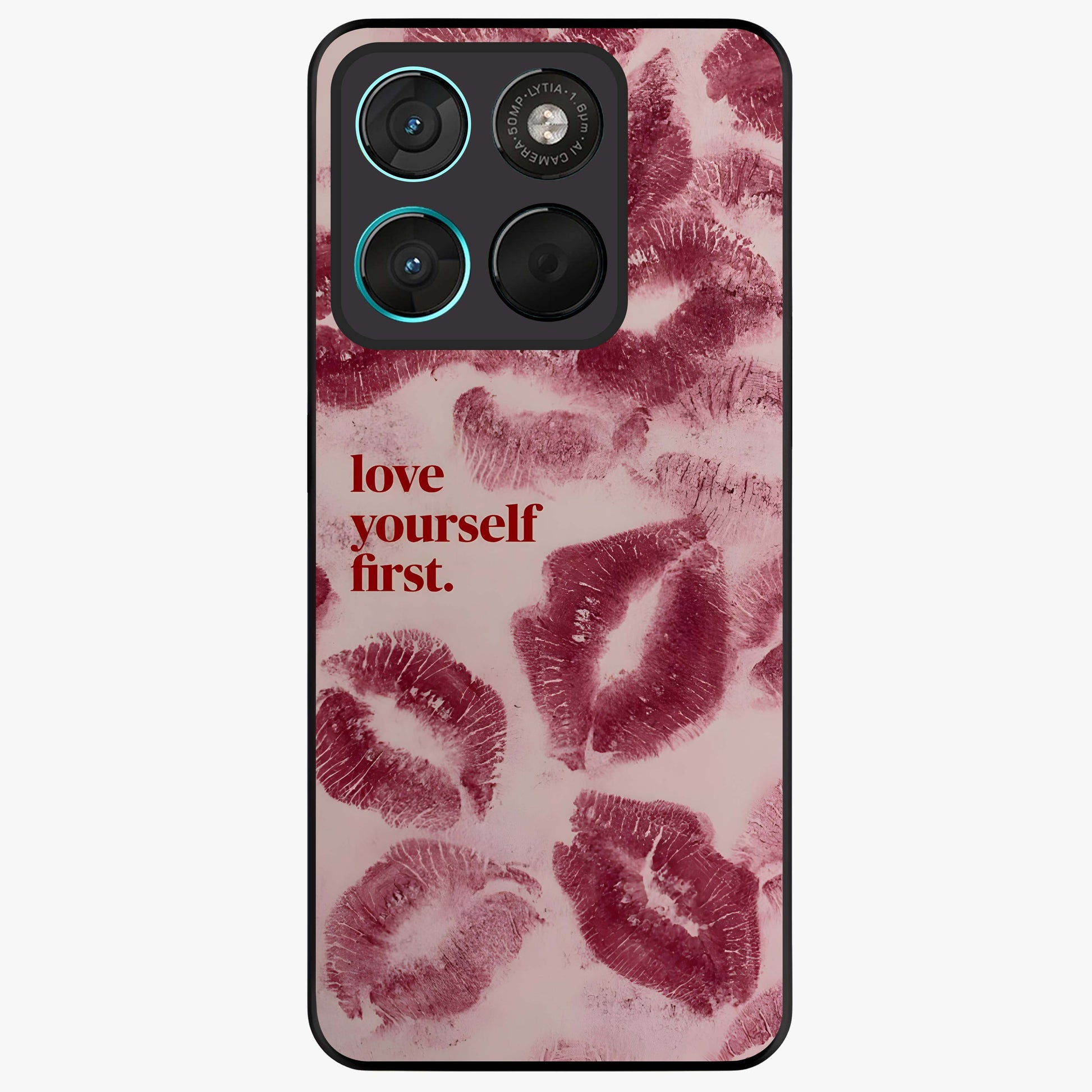 Crimson Kiss Love Glass Case showing flat back view with romantic crimson themed artwork and glossy glass finish.