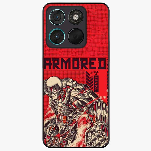 Crimson Mecha Titan Glass Case showing flat back view with powerful mech titan artwork and glossy glass finish.